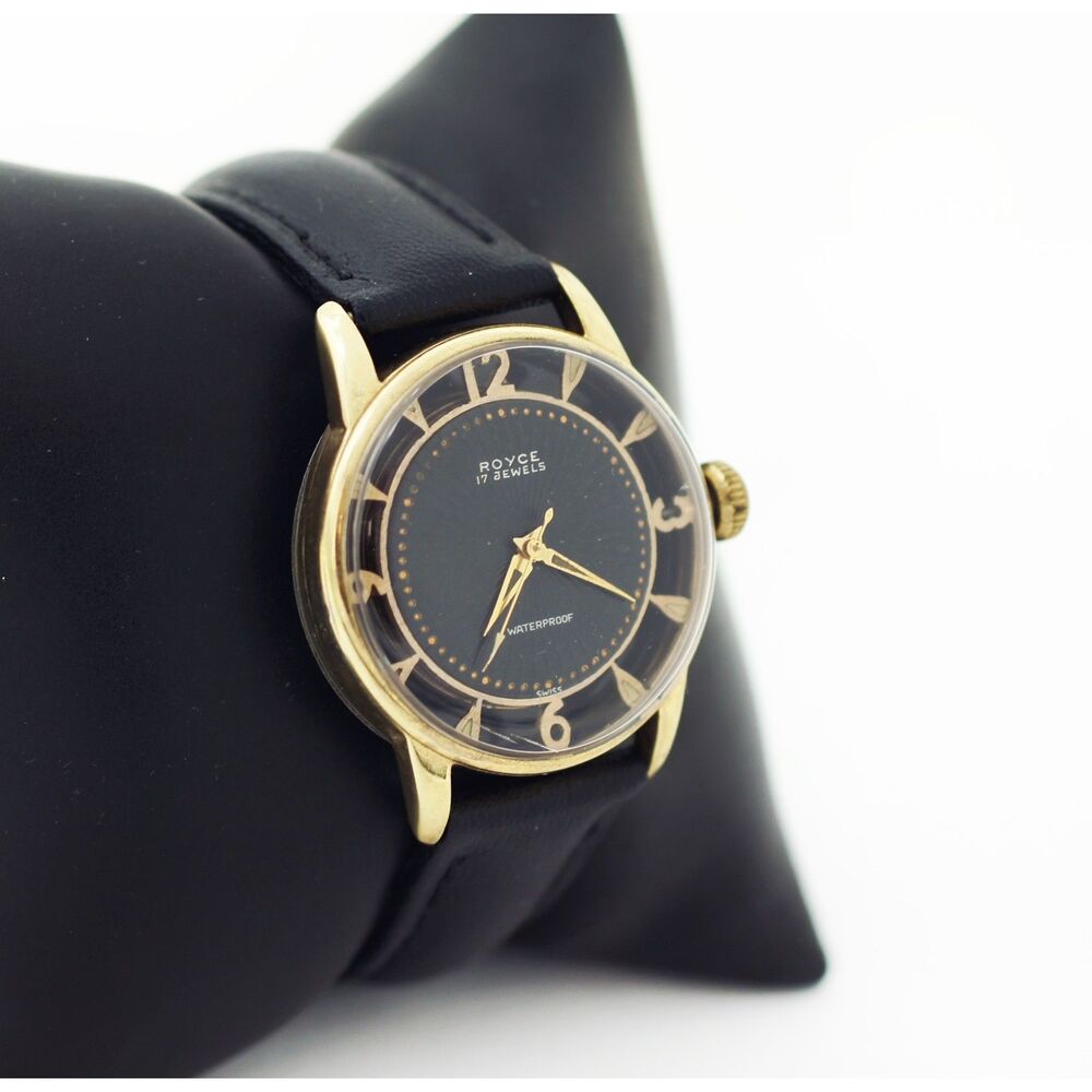 Royce Vintage17 Jewels Mechanical Black & Gold Art Deco Dial Watch